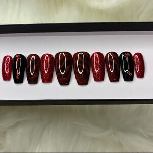 Red Waves Cat Eye Custom Press On Nails | High Quality Nails | Handmade